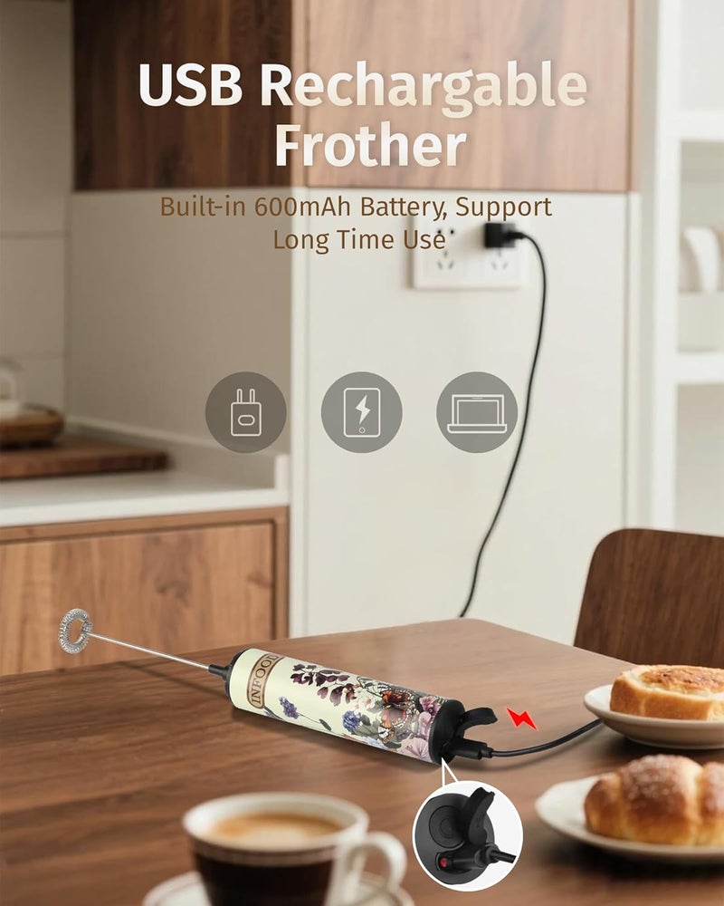 INFOOD Milk Frother Rechargeable with Cover - Coffee Frother Wand, Drink Mixer Handheld with 2 Detachable Stainless Whisks 2 Speed Adjustable for Latte, Cappuccino, Hot Chocolate, Egg, Vintage Floral - Image 3